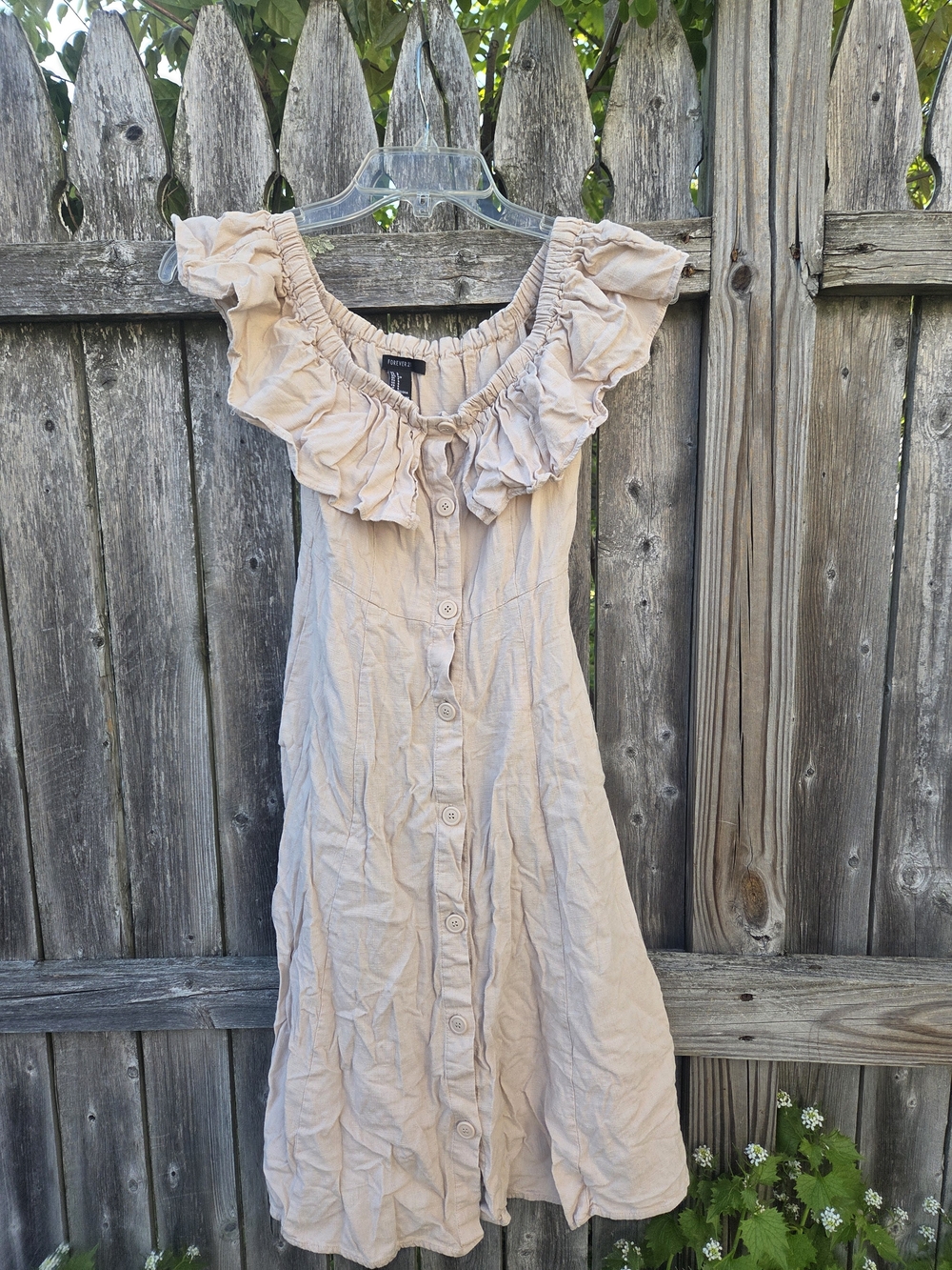 Forever 21 Beige Ruffle Off-Shoulder Button Dress